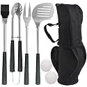 POLIGO 7PCS Golf-Club Style BBQ Tool Set Grilling Tools with Rubber Handle - Stainless Steel Grill Accessories for Outdoor Grill Set Premium Grill Utensils Set Fathers Day Birthday Gifts for Men Black