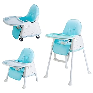 polka tots 3 in 1 high chair for baby of 1-3 years blue multiple recline position with 7 adjustable height level detachable feeding tray for toddlers with footrest extra cushioning amp wheels