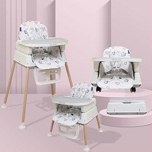 polka tots 4 in 1 high chair for baby heart print multiple recline positions with 7 adjustable height levels detachable feeding tray footrest extra cushioning amp wheels 0 to 5 years - 15kgs