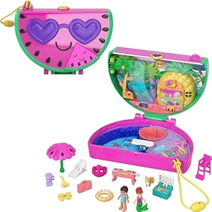 polly pocket watermelon pool party compact watermelon scent 12 pop and swap toy accessories 2 polly pocket dolls toys for ages 4 and up one polly pocket playset hcg19