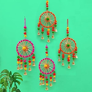 craftvatika pom pom rajasthani wall door hanging latkans toran round pom pom hanging with bells strings for of fice door window haldi mehndi wedding festival decoration items 4 pieces white