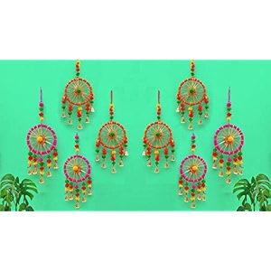 rajasthani wall door hanging latkans toran round pom hanging with bells strings for office door window haldi mehndi wedding festival decoration items 8 pieces