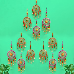rajasthani wall door hanging latkans toran round pom hanging with bells strings for office door window haldi mehndi wedding festival decoration items 12 pieces
