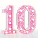 Pooqla 10th Birthday Decoration for Girls, light up Number 10 for Birthday Party, Battery Powered Glitter Lighted Numbers Shiny LED Marquee Numbers table Decor, Pink Number 10