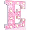 Pooqla LED Marquee Letter Lights, Light Up Pink Letters Glitter Alphabet Letter Sign Battery Powered for Night Light Birthday Party Wedding Girls Gifts Home Bar Christmas Decoration, Pink E