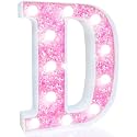 Pooqla LED Marquee Letter Lights, Light Up Letters Glitter Letter Sign Girls Gift, Battery Powered Night Light Pink Birthday Party Room Wedding Christmas Girls Bedroom Dorm Decoration, Cool White D