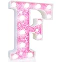 Pooqla LED Marquee Letter Lights, Light Up Letters Glitter Letter Sign Girls Gift, Battery Powered Night Light Pink Birthday Party Room Wedding Christmas Girls Bedroom Dorm Decoration, Cool White F