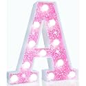 Pooqla LED Marquee Letter Lights, Light Up Letters Glitter Letter Sign Girls Gift, Battery Powered Night Light Pink Birthday Party Room Wedding Christmas Girls Bedroom Dorm Decoration, Cool White A