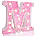 Pooqla LED Marquee Letter Lights, Light Up Pink Letters Glitter Alphabet Letter Sign Battery Powered for Night Light Birthday Party Wedding Girls Gifts Home Bar Christmas Decoration, Pink M