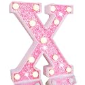 Pooqla LED Marquee Letter Lights, Pink Glitter Light Up Letters Alphabet Sign Battery Powered Night Light, Birthday Party Wedding Girls Gifts, Christmas Room Dorm Bedroom Decoration, Pink Letter X