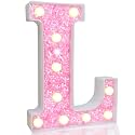 Pooqla LED Marquee Letter Lights, Pink Glitter Alphabet Sign, Battery Powered Night Light, Wedding Party Decoration, 8.86" x 6.5" Plastic Letter L