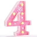 Pooqla Marquee Number Lights, Pink Light Up Numbers for Girls 4th Birthday, Battery Powered Glitter Number Night Light Gift for Christmas Bedroom Dorm Party Decoration, Pink Number 4