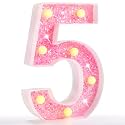 Pooqla Marquee Number Lights, Pink Light Up Numbers for Girls 5th 15th Birthday, Battery Powered Glitter Number Night Light Gift for Christmas Bedroom Dorm Party Decoration, Pink Number 5