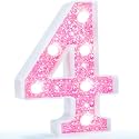 Pooqla Marquee Number Lights, Pink Light Up Numbers for Girls 4th Birthday, Battery Powered Glitter Number Night Light Gift for Wedding Christmas Bedroom Dorm Party Decoration, Cool White Number 4