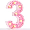 Pooqla Marquee Numbers Lights, light up Numbers Battery Powered, Glitter Lighted Numbers for Girls 3rd Birthday Party, Shiny LED Numbers for Christmas Wedding Home Bar Decoration, Pink Number 3