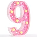 Pooqla Marquee Numbers, Pink Light Up Numbers for Girls 9th Birthday, Battery Powered Glitter Number Night Light Gift for Christmas Bedroom Dorm Classroom Party Decoration, Pink Number 9