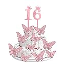 16th Birthday Cake Decorations Rose Gold Supplies Big Set with 12 Butterfly Cake Topper and 16 Digit Cake Topper