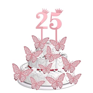 pop the party 25th birthday cake decorations rose gold supplies big set with 12 butterfly cake topper and 25digit cake topper 25th birthday cake dcor