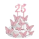 Pop The Party 25th Birthday Cake Decorations Rose Gold Supplies Big Set with 12 Butterfly Cake Topper and 25Digit Cake Topper (25th Birthday Cake Décor)