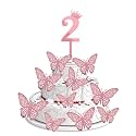 Pop The Party 2nd Birthday Cake Decorations Rose Gold Supplies Big Set with 12 Butterfly Cake Topper and 2 Digit Cake Topper (2nd Birthday Cake Décor)