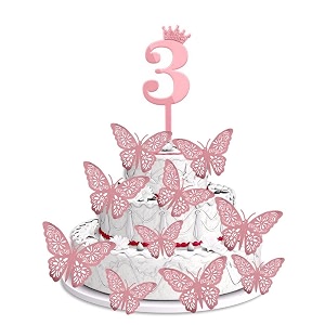 pop the party 3rd birthday cake decorations rose gold supplies big set with 12 butterfly cake topper and 3 digit cake topper 3rd birthday cake dcor