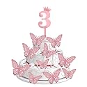 Pop The Party 3rd Birthday Cake Decorations Rose Gold Supplies Big Set with 12 Butterfly Cake Topper and 3 Digit Cake Topper (3rd Birthday Cake Décor)