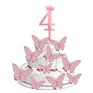 pop the party 4th birthday cake decorations rose gold supplies big set with 12 butterfly cake topper and 4 digit cake topper