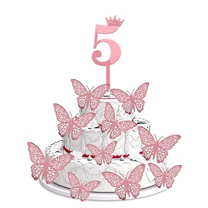 pop the party 5th birthday cake decorations rose gold supplies big set with 12 butterfly cake topper and 5 digit cake topper 5th birthday cake dcor