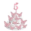 Pop The Party 5th Birthday Cake Decorations Rose Gold Supplies Big Set with 12 Butterfly Cake Topper and 5 Digit Cake Topper (5th Birthday Cake Décor)