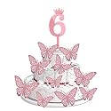 6th Birthday Cake Decorations Rose Gold Supplies Big Set with 12 Butterfly Cake Topper and 6 Digit Cake Topper