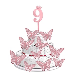 pop the party 9th birthday cake decorations rose gold supplies big set with 12 butterfly cake topper and 9 digit cake topper 9th birthday cake dcor