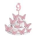 Pop The Party 9th Birthday Cake Decorations Rose Gold Supplies Big Set with 12 Butterfly Cake Topper and 9 Digit Cake Topper (9th Birthday Cake Décor)