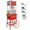 Popcorn Maker with Cart & 20oz Kettle, Antique Style Popcorn Maker on Wheels with 16" Tires & Storage Cabinet, Mobile Popcorn Popper Machine for Theater, Carnival, Home Party, Red