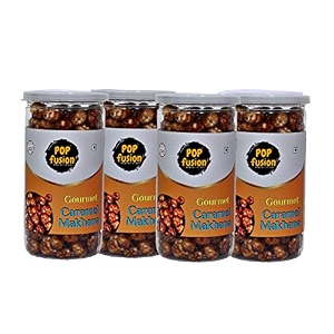 popfusion roasted amp flavoured makhana- classic salted caramel makhana low fat snacks with airtight glass jar- pack of 4 140 g each