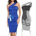 Popilush One Shoulder Ruched Shapewear Dress with Drawstring, Built-in Bra