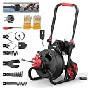 POPULO Drain Cleaner Machine 100Ft x 3/8 Inch, Auto feed Sewer Snake Auger on Wheels, Electric Drain Auger Professional for 1.5 to 3 Inch Pipes &amp; Foot Switch with 8 Cutters