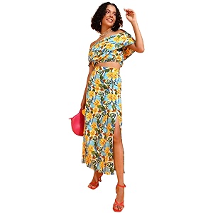 popwings casual bagru printed cotton top and skirt set for women  pom pom top and long slit skirt set for women  two piece women set for summer
