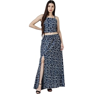 popwings casual bagru printed cotton top and skirt set for women  pom pom top and long slit skirt set for women  two piece women set for summer