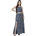 POPWINGS Casual Bagru Printed Cotton Top and Skirt Set for Women || Pom Pom Top and Long Slit Skirt Set for Women || Two Piece Women Set for Summer
