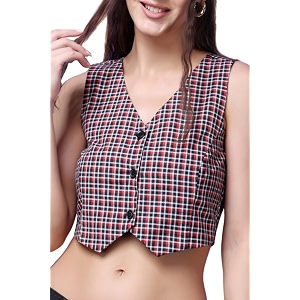 POPWINGS Casual Check Printed V-Neck Sleeveless Button