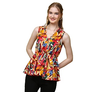 POPWINGS Casual Floral Printed V-Neck Sleeveless Peplum