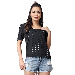 POPWINGS Casual Printed Puff Sleeves Round Neck