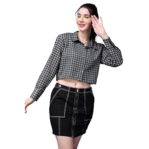 POPWINGS Casual Pure Cotton Checks Crop Shirt