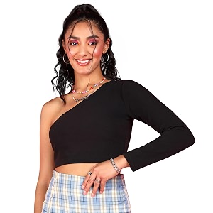 POPWINGS Casual Solid One Sleeves Crop Top