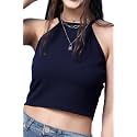 POPWINGS Casual Solid Sleeveless Halter Neck Crop
