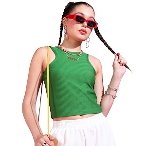 POPWINGS Women Casual Green Rib Tank Crop