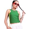 POPWINGS Women Casual Green Rib Tank Crop