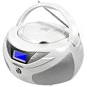 Portable CD Player Boombox with Bluetooth, FM Radio, USB Playback, Built-in Rechargeable Battery, Remote Control, Stereo Sound (White)