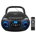 Portable CD Player Boombox with FM Radio, Top Loading CD Stereo Boom Box for Home, Bluetooth, Remote Control, LED Light, Headphone/Mic Jack, Support CD-R/RW/MP3-CD, USB, LCD Display, Black