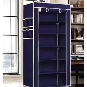 portable fabric wardrobe organizer with cover multi-shelf storage closet for clothes space-saving foldable closet for bedroom amp home navy blue